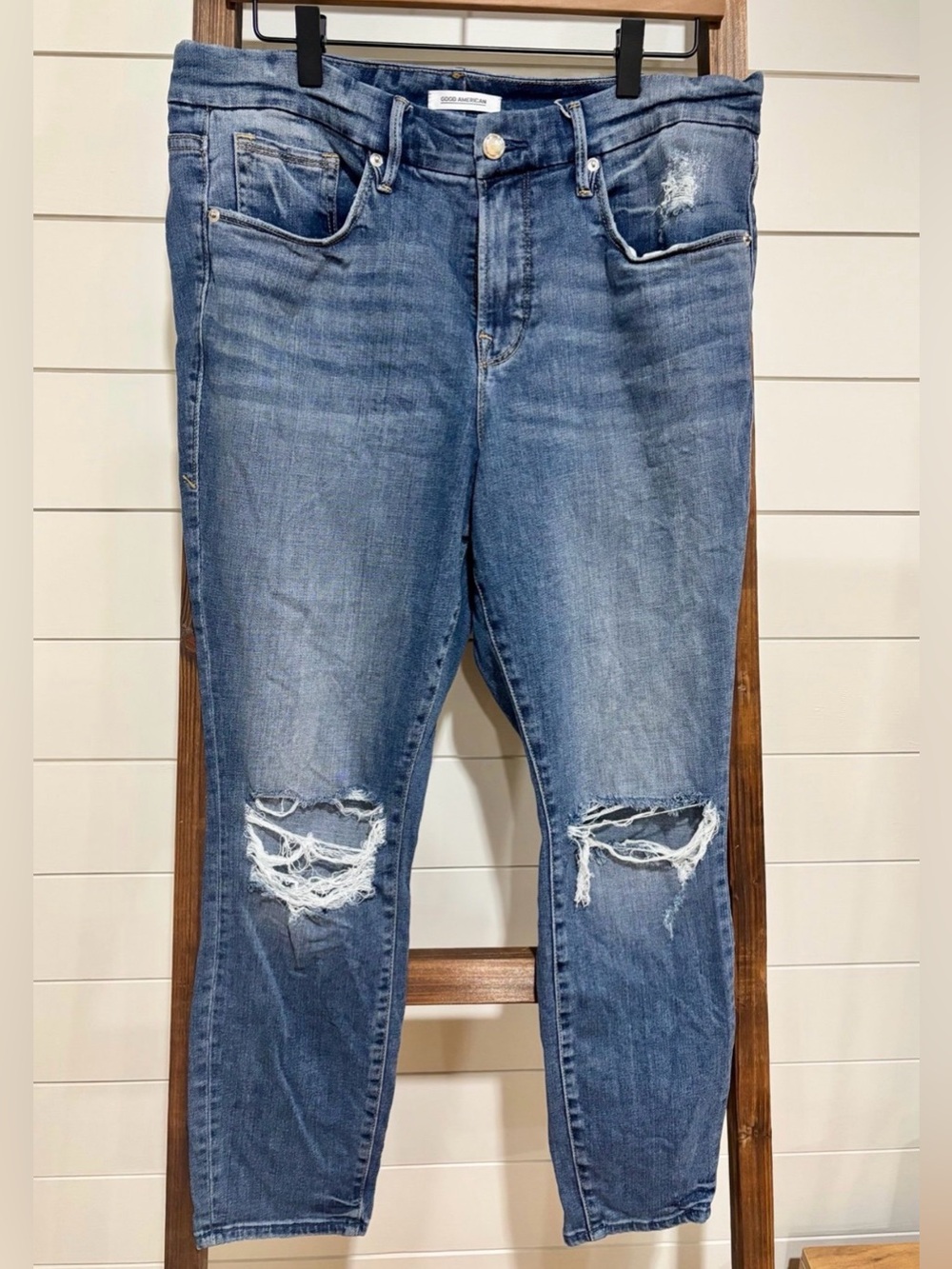 Good American Blue Distressed Boyfriend Jeans